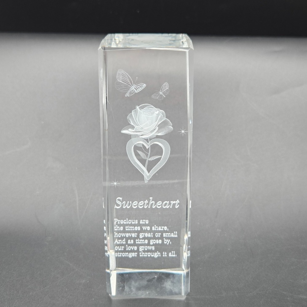 Laser Etched 3D Crystal Glass Paperweight Sweetheart Rose Flower